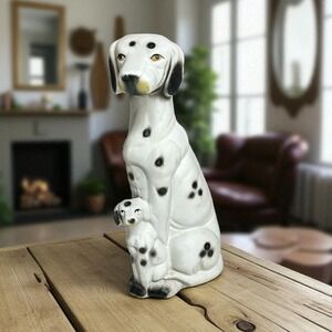 Dalmatian Dog Figurine Statue Ceramic Mother and Puppy Black White Porcelain VTG